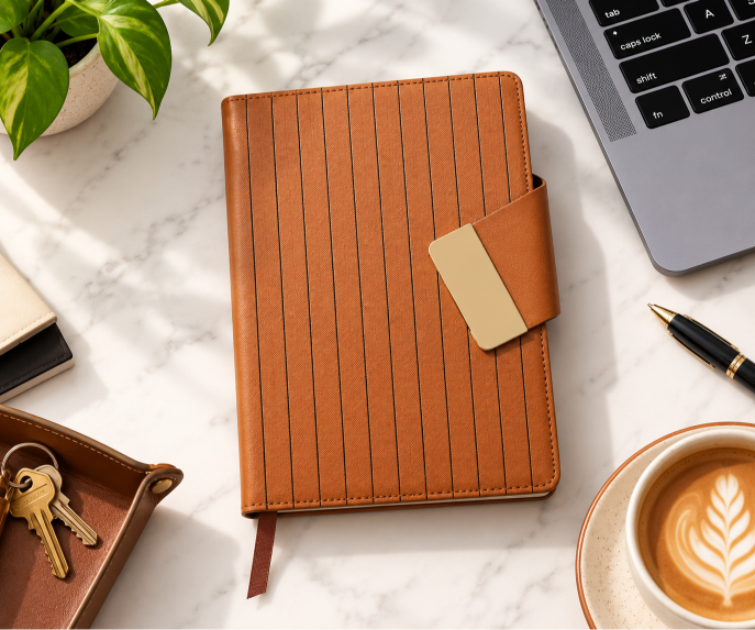 GE-791 Tan notebook with vertical line detailing and metal clasp