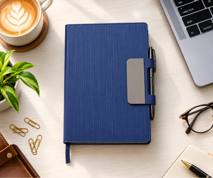 GE-794 Blue ribbed notebook with broad metal-accent strap