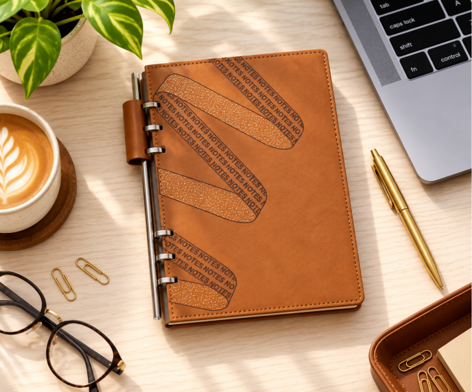 GE-795  Tan notebook with exposed metallic clip/ring structure