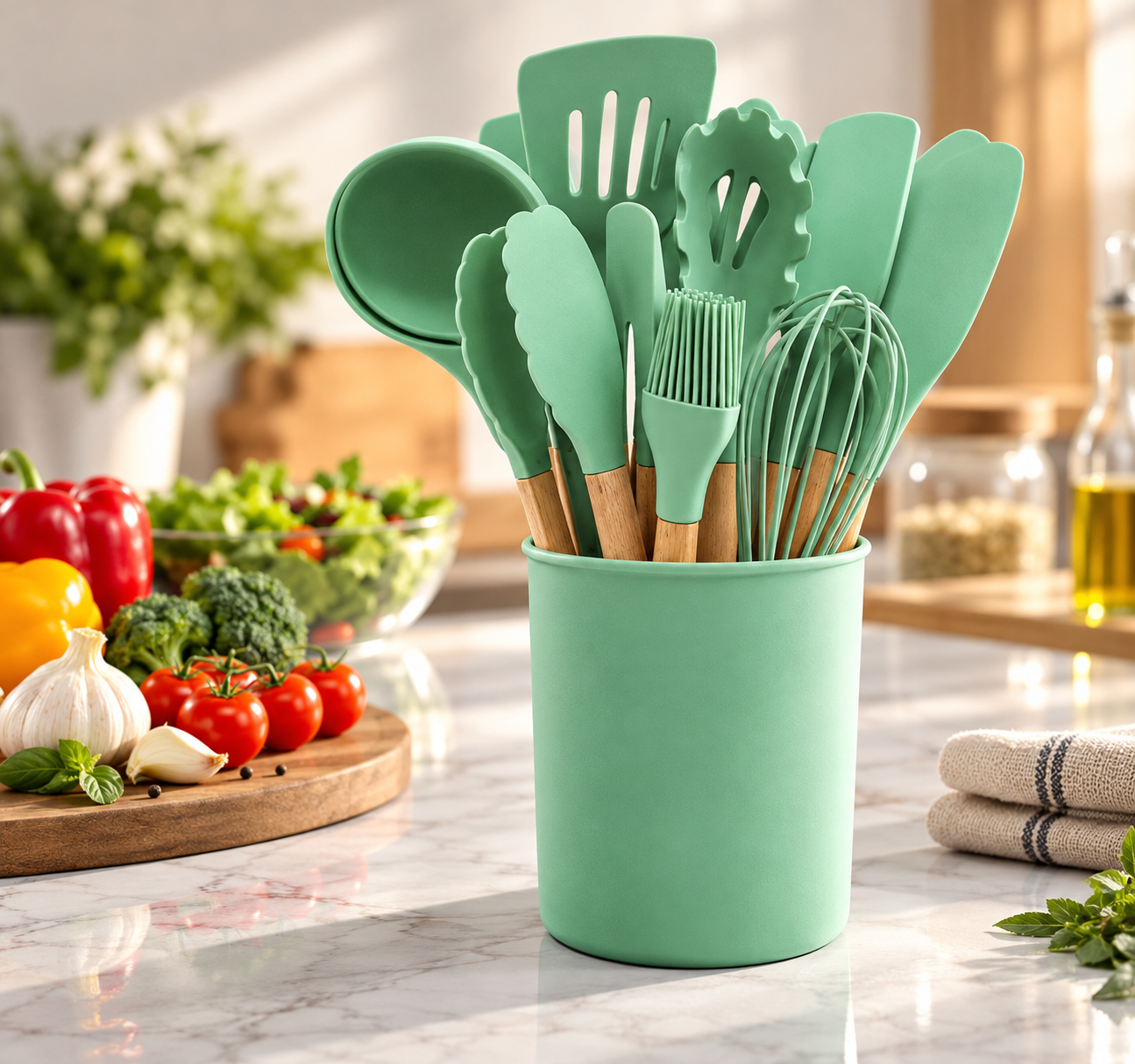 KAIROS Premium 12-Piece Silicone Kitchen Utensil Set with Wooden Handles