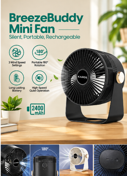 BreezeBuddy Mini Fan – Silent, Portable, Rechargeable