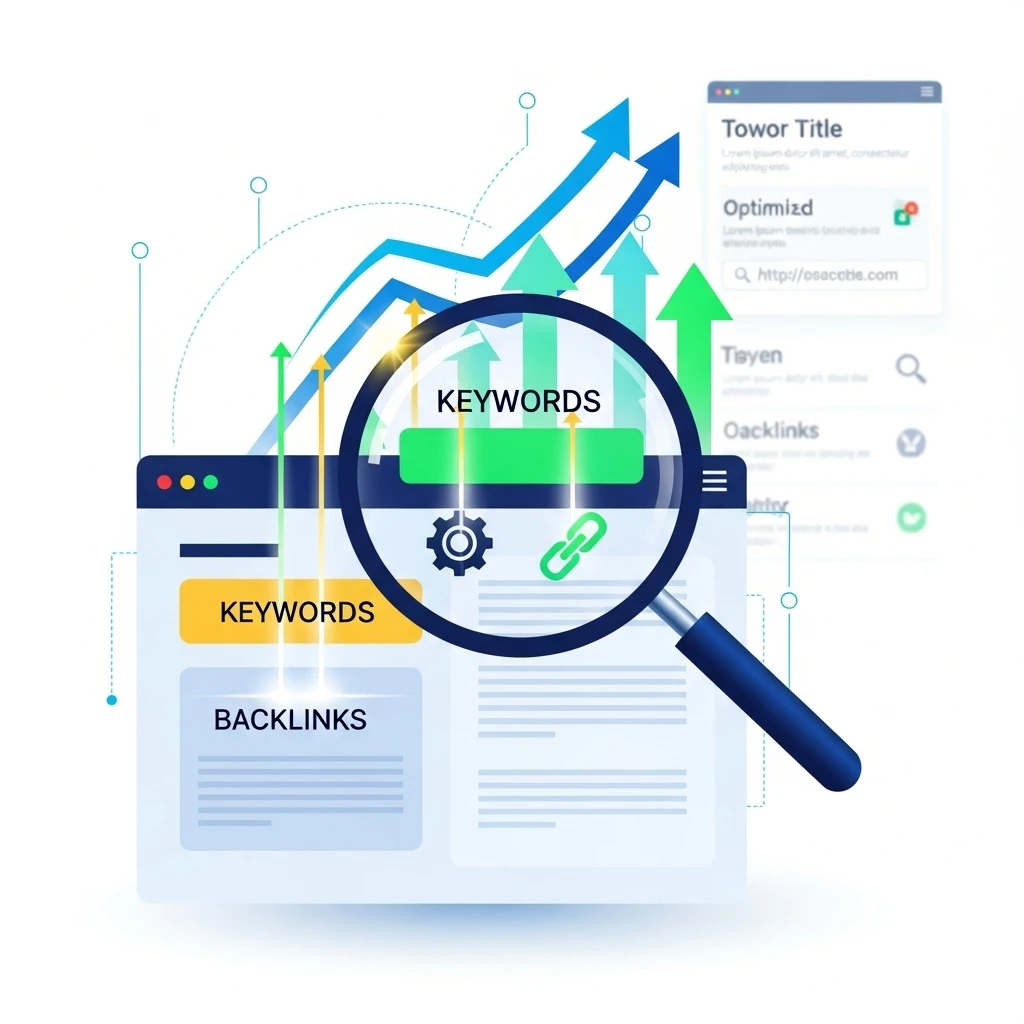 SEO optimization illustration showing keyword research and website backlinks.