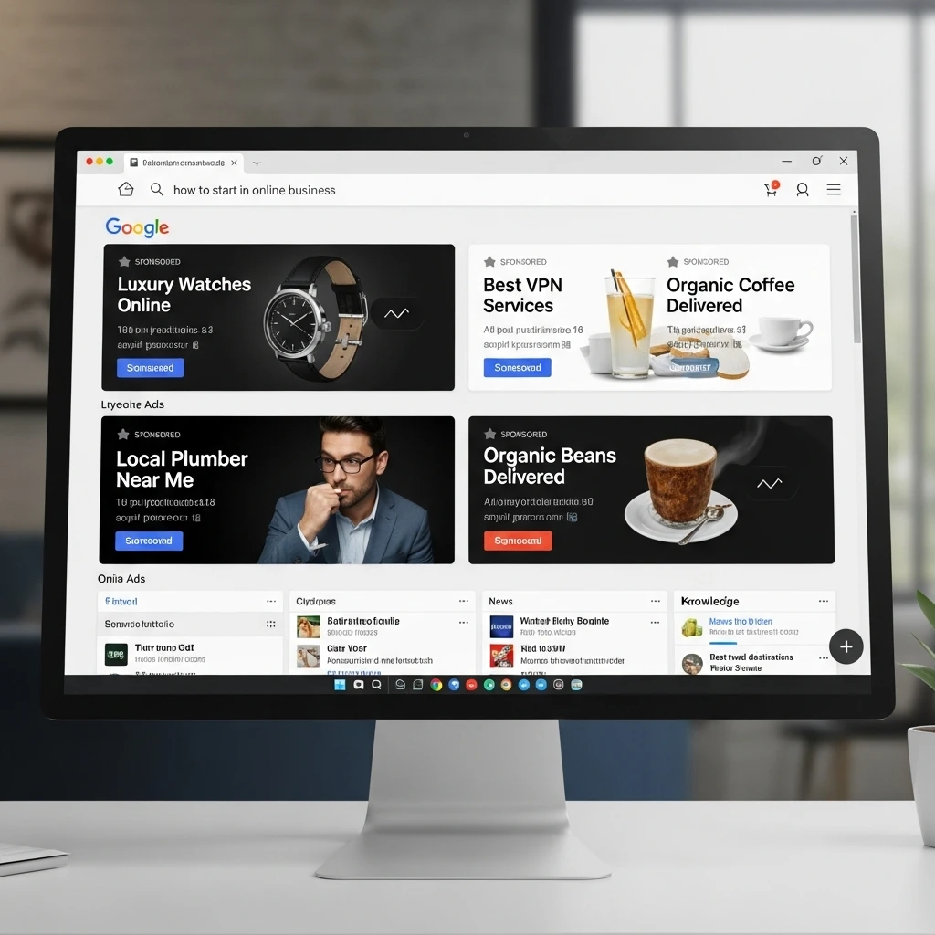 Computer screen showing Google search results for 'how to start online business'.