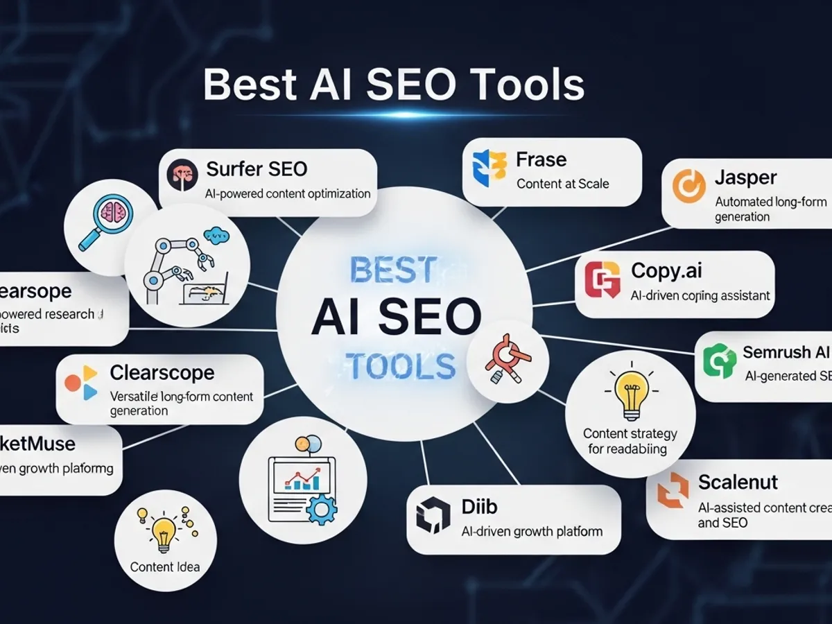 Best AI SEO Tools including Surfer SEO, Frase, Jasper, Copy.ai, and Semrush.