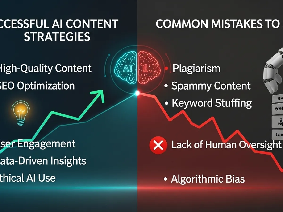 AI content strategies versus common mistakes, with rising and falling graphs.