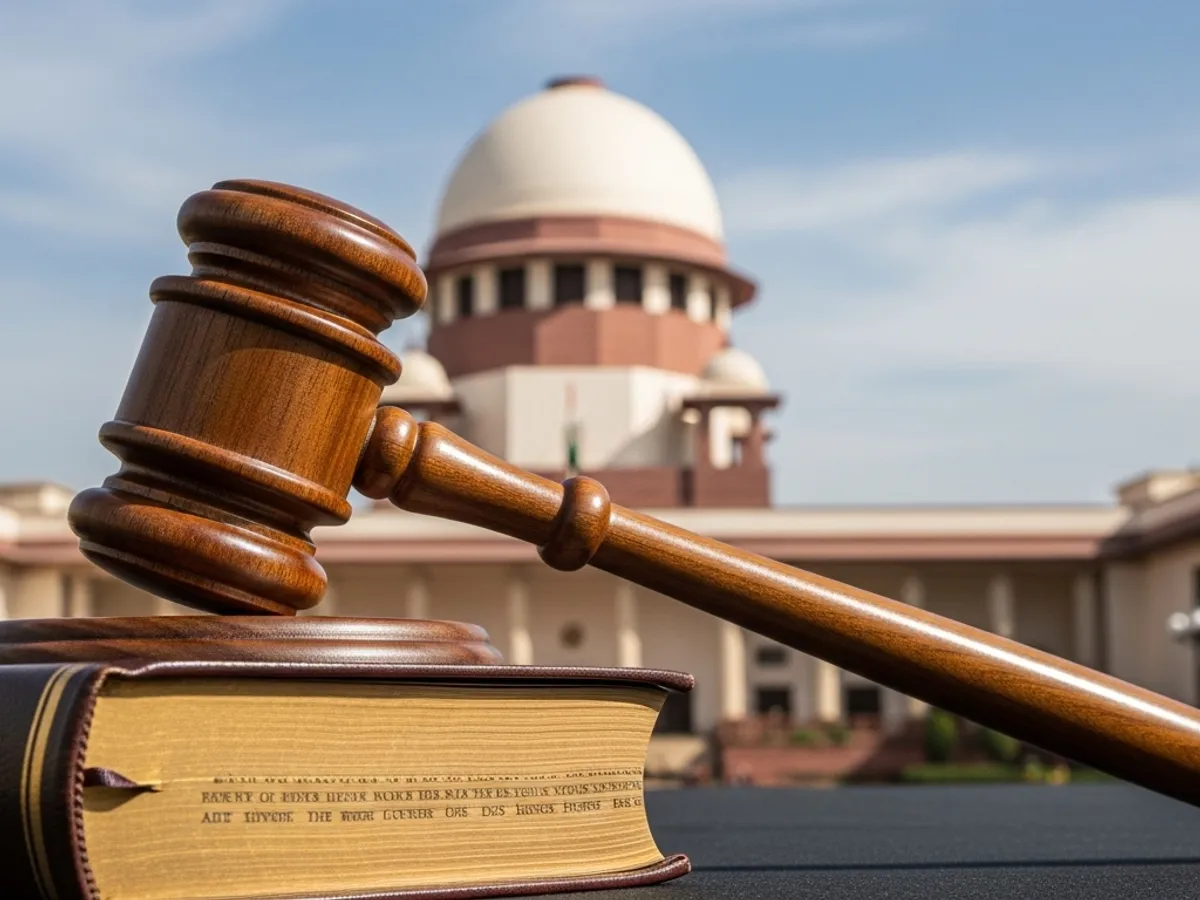Gavel resting on a law book with the Supreme Court of India in background.