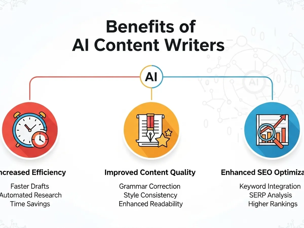 Infographic on benefits of AI content writers: efficiency, quality, enhanced SEO.