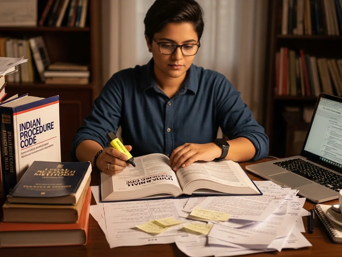 Image of a Delhi lawyer engrossed in studying legal texts, highlighting the dedication required for legal representation and staying updated on court procedures.