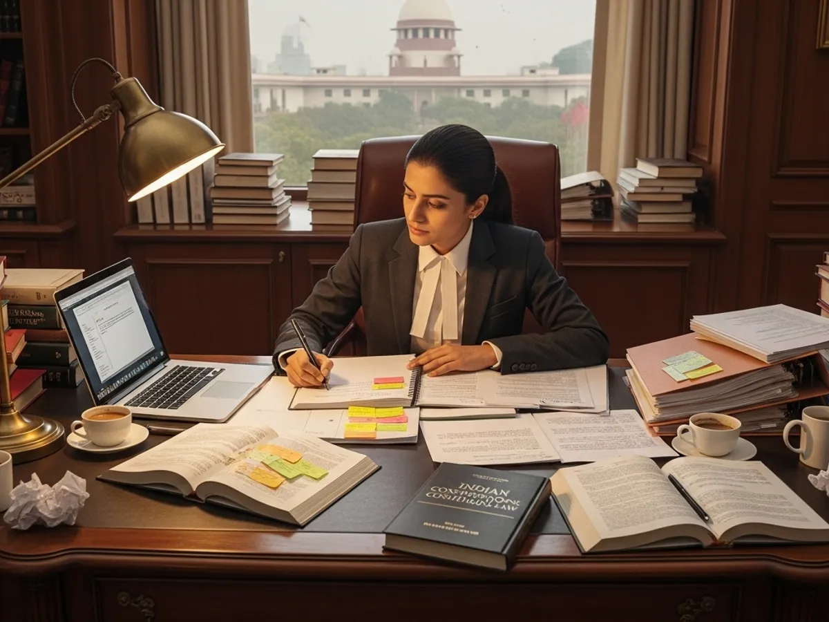 A Supreme Court Advocate Delhi working on a case, surrounded by legal documents and books, with the Supreme Court building visible through the window.