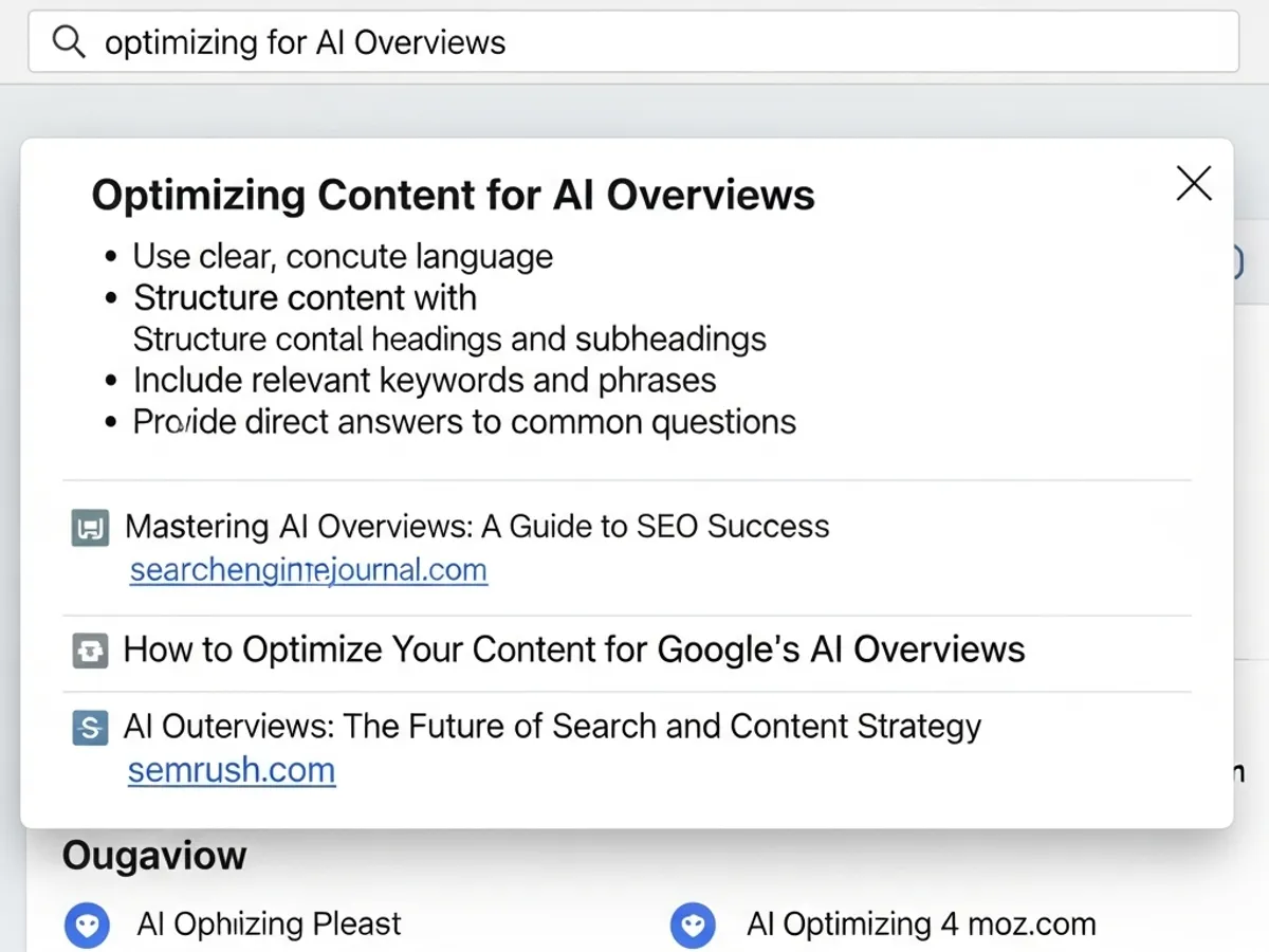 Screenshot of 'Optimizing Content for AI Overviews' search results.