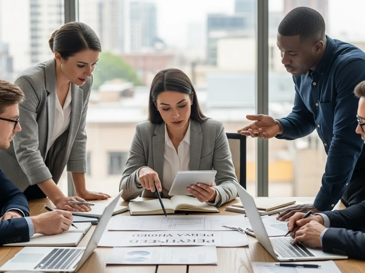 A diverse team collaboratively reviews property documents, representing a legal consultation for real estate law and property rights issues, ensuring comprehensive legal advice for property issues.