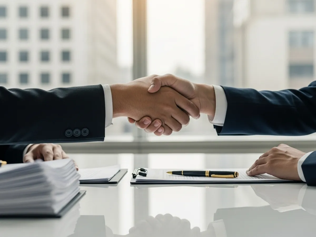 A business handshake over legal documents signifies the completion of property transactions and agreements, highlighting the importance of securing property rights through legal assistance and consultation.