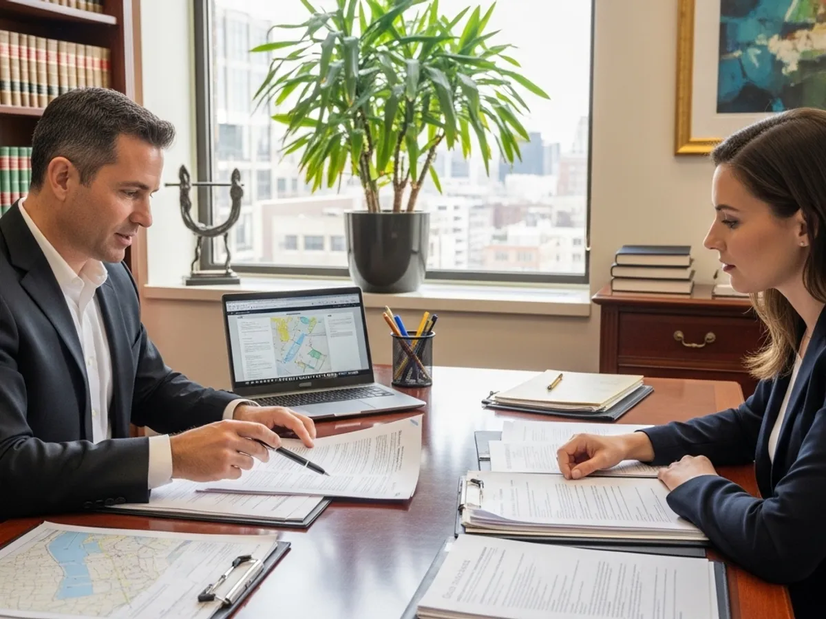 A real estate lawyer provides legal advice for property issues, discussing documents related to property transactions and ownership in an office setting, ensuring clients understand their property rights.