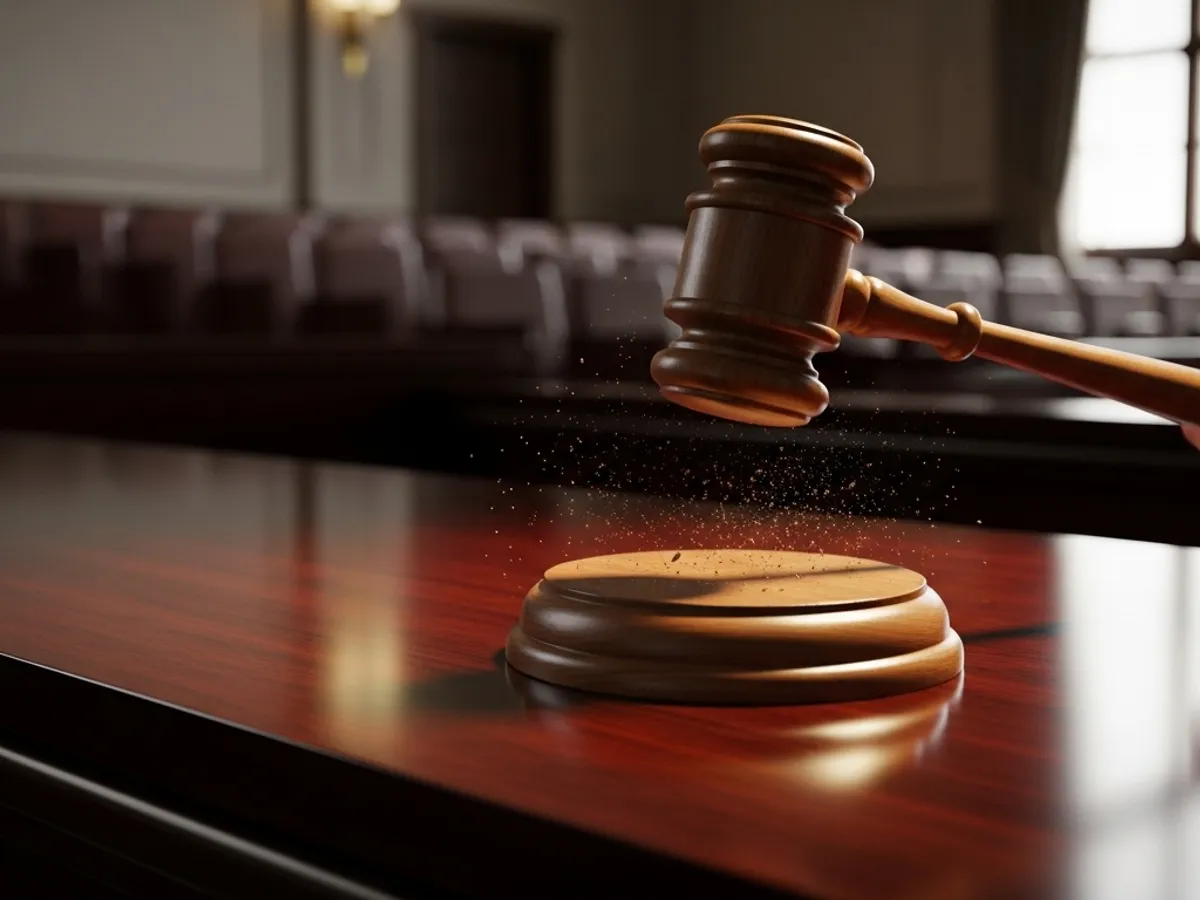 A gavel striking a sound block in a courtroom, symbolizing legal action and property dispute resolution, indicating the potential need for a real estate lawyer in land disputes and property rights enforcement.