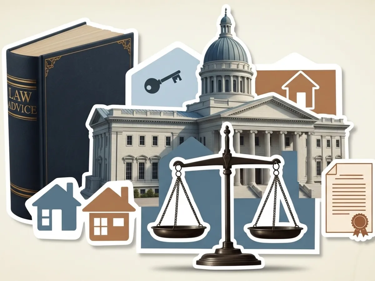 Conceptual image representing legal advice, featuring a law book, government building, scales of justice, and property icons, symbolizing expertise in real estate law, property rights, and legal consultation.