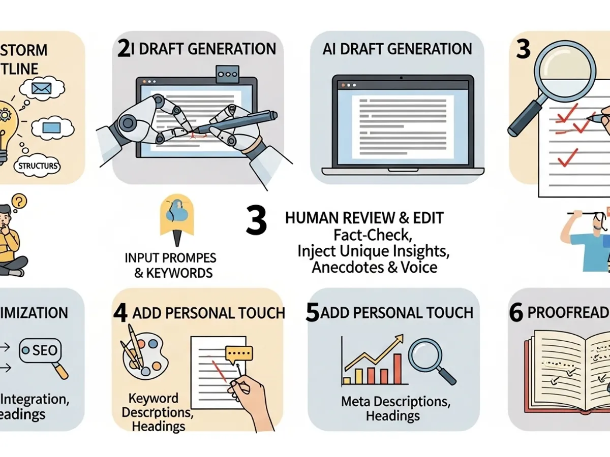 Infographic showing steps for AI blog post automation and human editing.