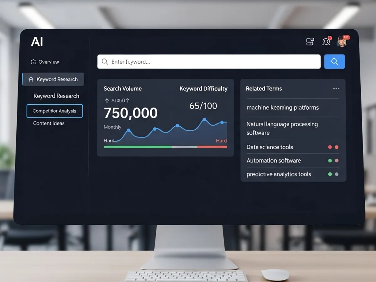 Screenshot of an AI-powered keyword research tool displaying search volume, keyword difficulty, and related terms, used for SEO writing and content strategy.