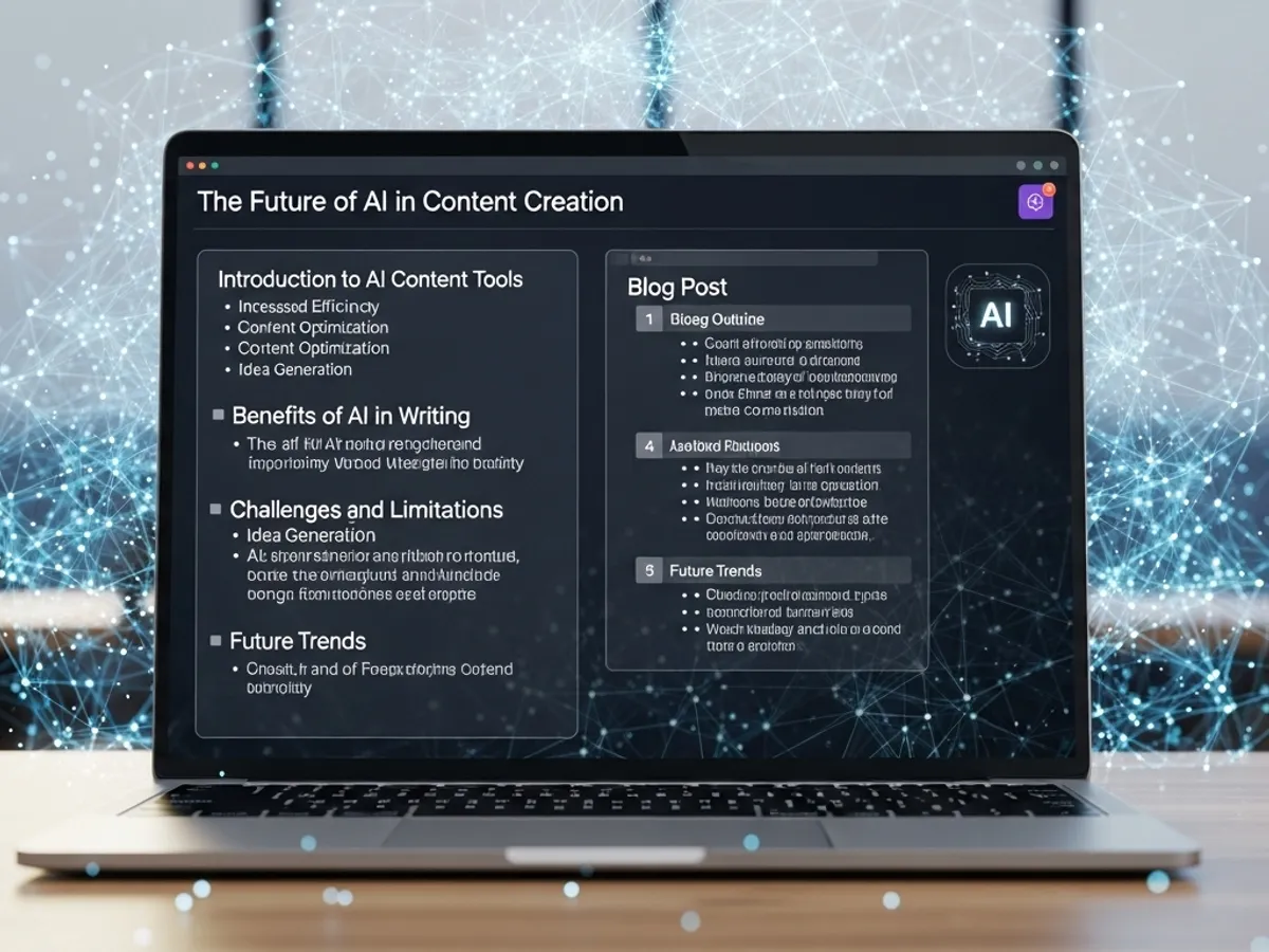 Laptop screen showcasing a presentation on the future of AI in content creation, highlighting benefits, challenges, and future trends for blog post optimization and AI writing tools.