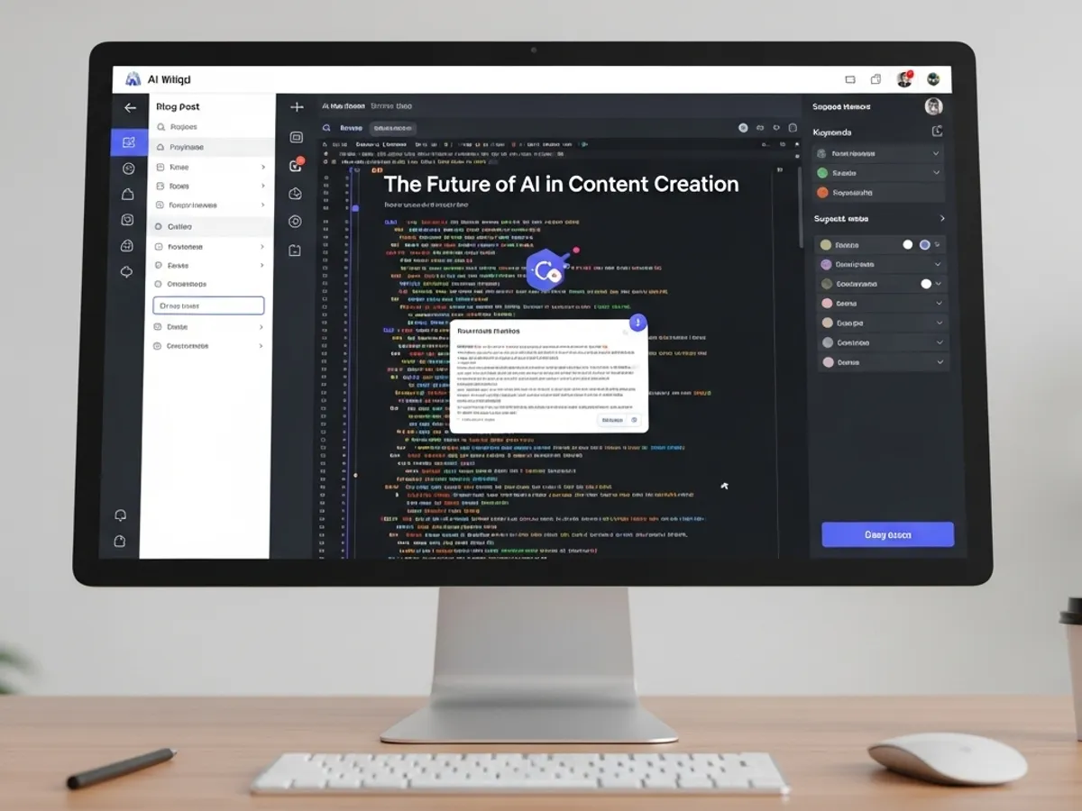 A computer monitor displaying AI content creation software, showing the integration of keyword suggestions and content optimization features for creating engaging blog posts.