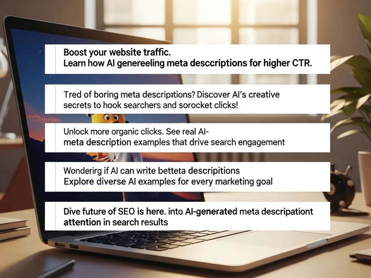 Laptop screen displaying various AI-generated meta description examples, showcasing how AI can boost website traffic and organic clicks through SEO writing and content marketing.