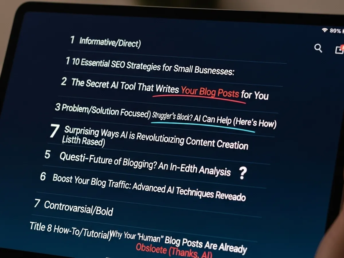 Tablet screen listing blog post topic ideas generated by an AI tool, including SEO strategies, AI writing tools, problem/solution-focused content, and analysis of future trends in blogging.