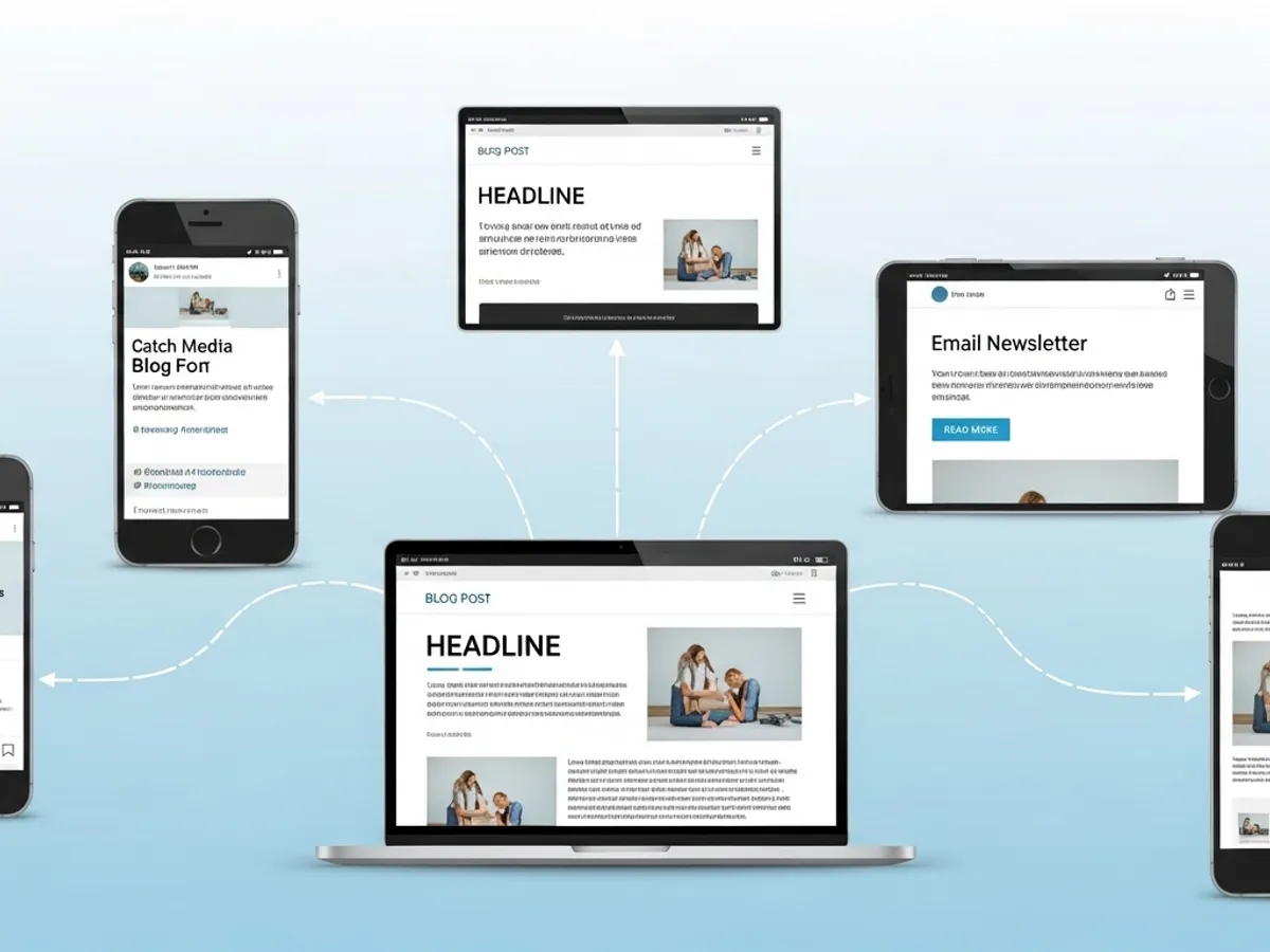 Responsive design mockup showing a blog post displayed across different devices including a laptop, tablet, and mobile phone, emphasizing content distribution and mobile optimization for SEO.