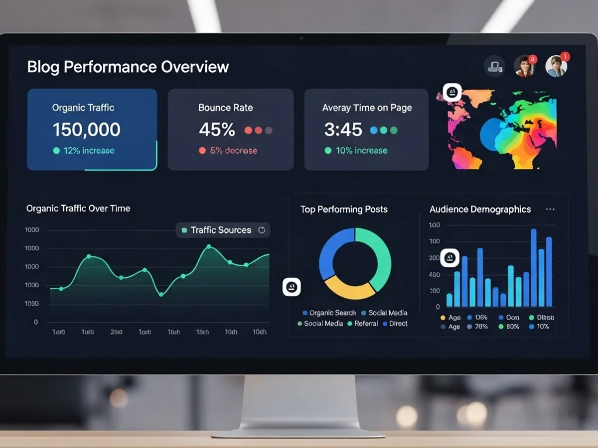 A blog performance overview dashboard displaying organic traffic, bounce rate, average time on page, traffic sources, top-performing posts, and audience demographics for SEO and content marketing analysis.