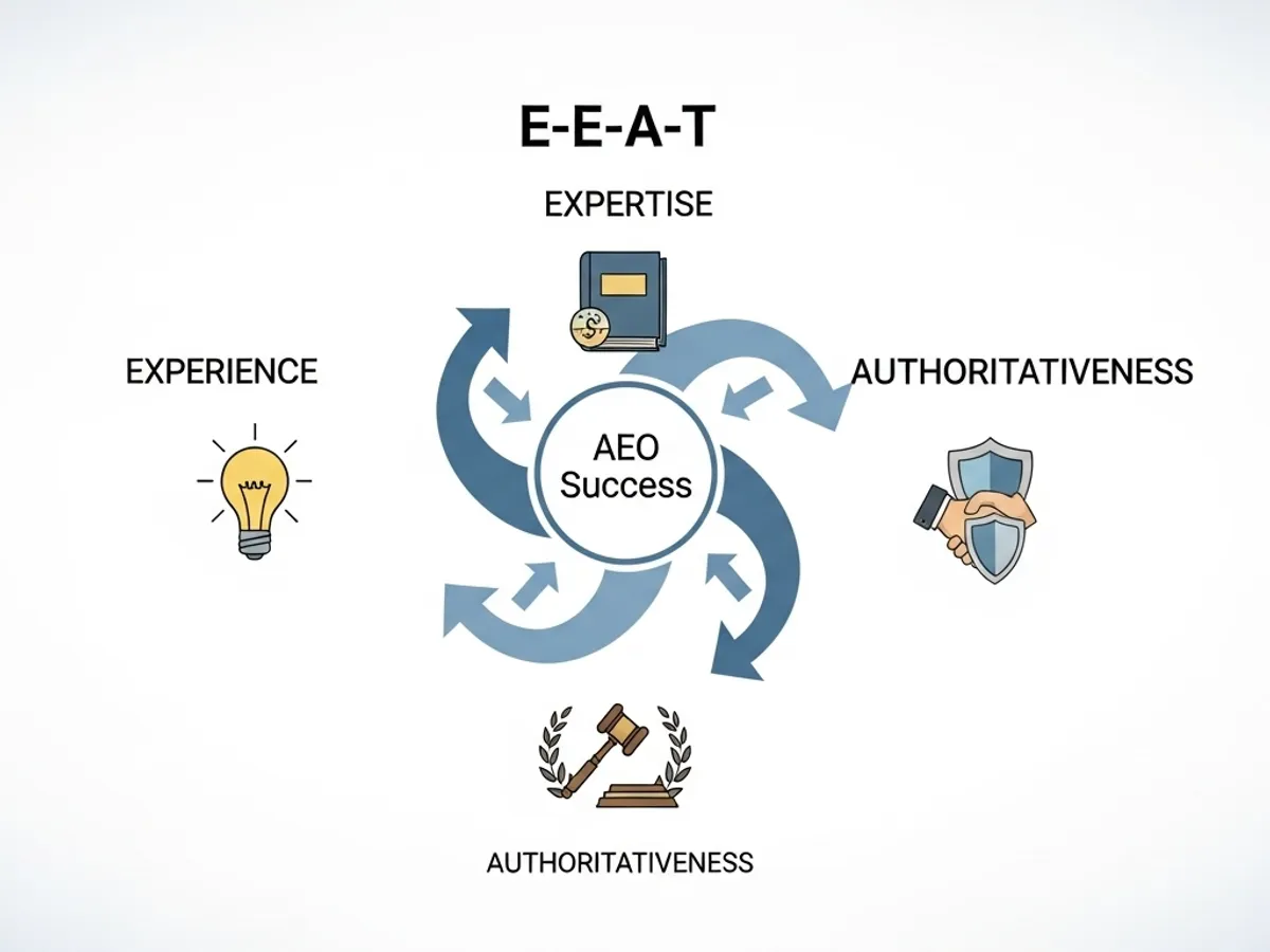 A diagram illustrating the E-E-A-T (Experience, Expertise, Authoritativeness, and Trustworthiness) framework for AEO (Answer Engine Optimization) success. It emphasizes how these factors contribute to better search visibility, LLM ranking, and overall optimization for answer engines.
