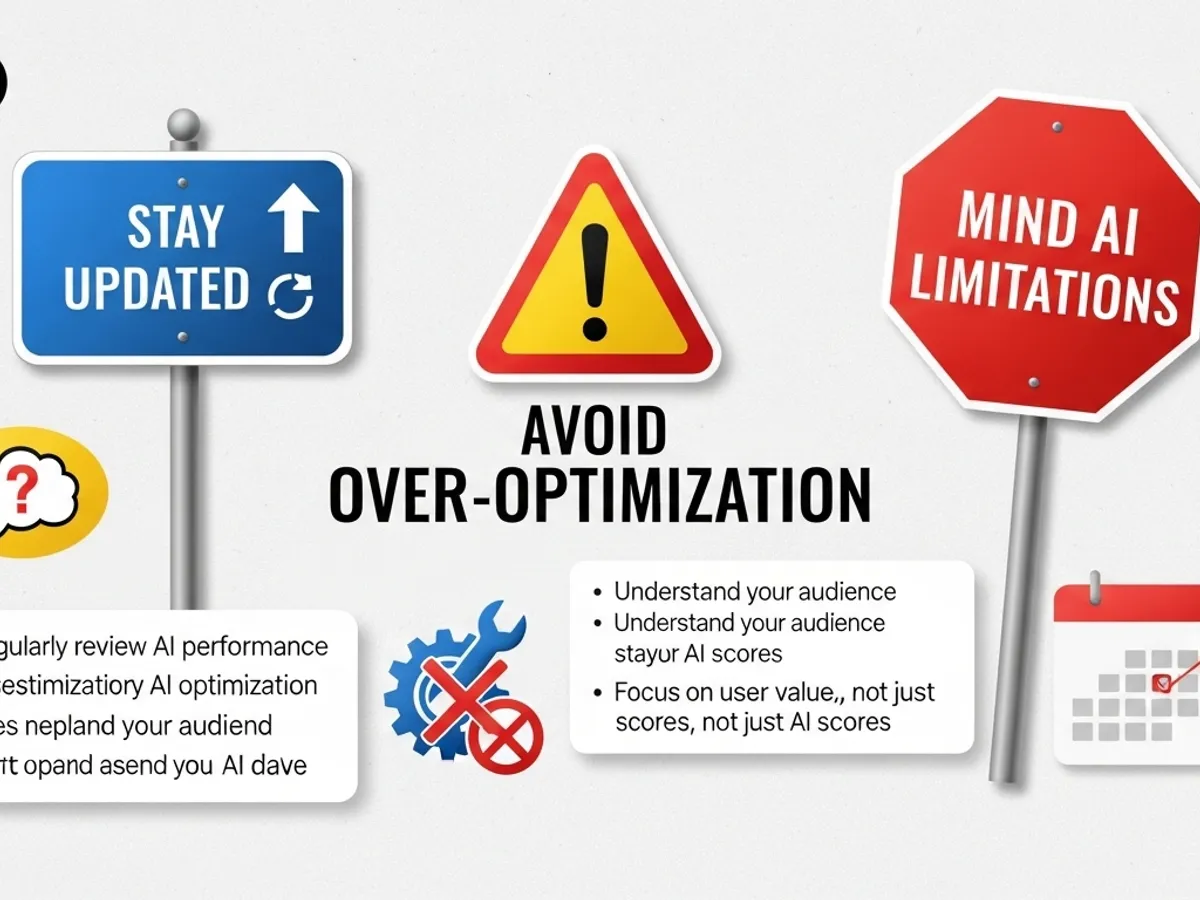 An image illustrating key concepts for AI content optimization, including staying updated, avoiding over-optimization, and being mindful of AI limitations to improve search visibility and LLM ranking. This highlights the importance of a balanced AEO strategy for generative engine optimization.
