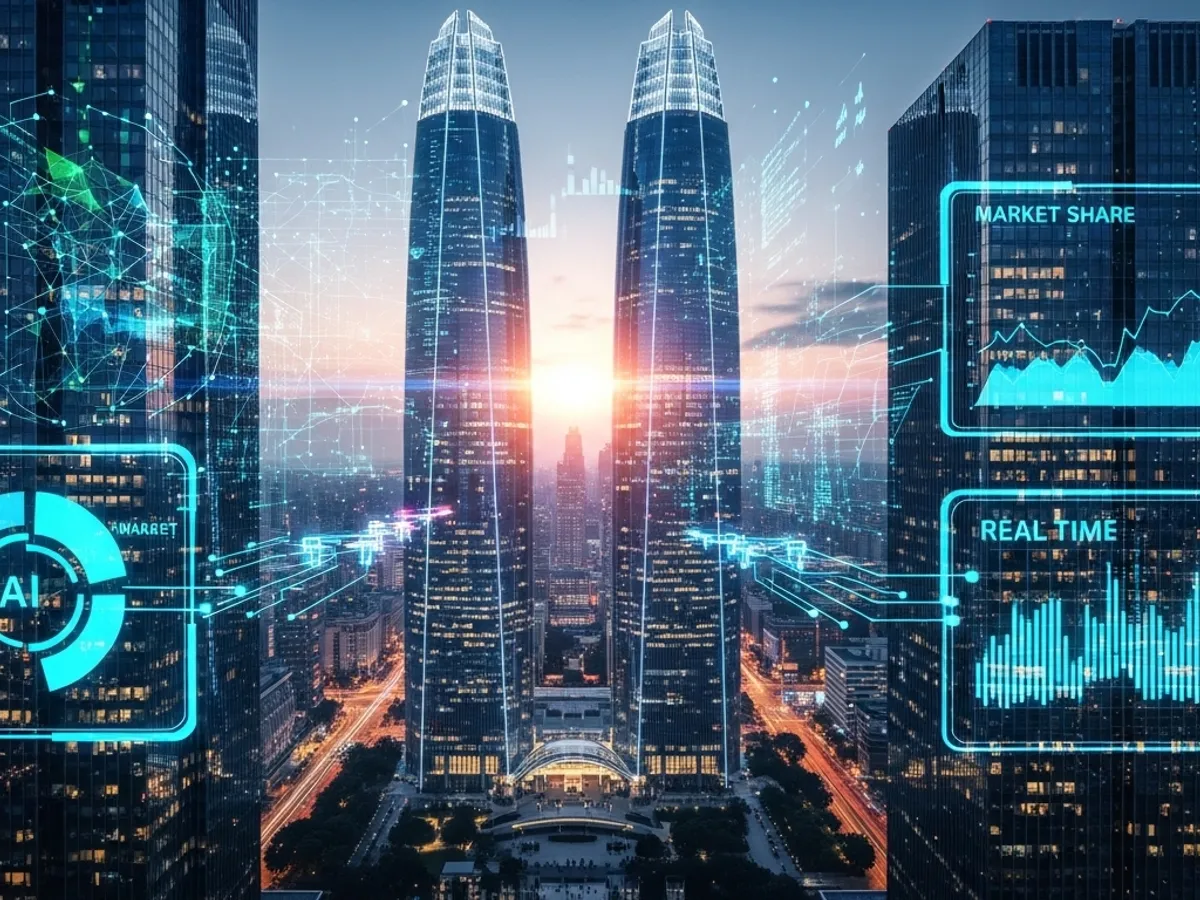 Futuristic city skyline with digital market share and real-time data overlays.