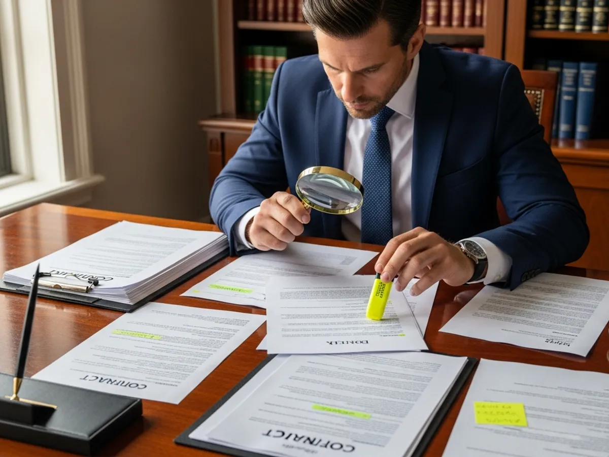 A property lawyer meticulously reviews real estate agreements with a magnifying glass and highlighter, ensuring due diligence for property purchase and title verification.