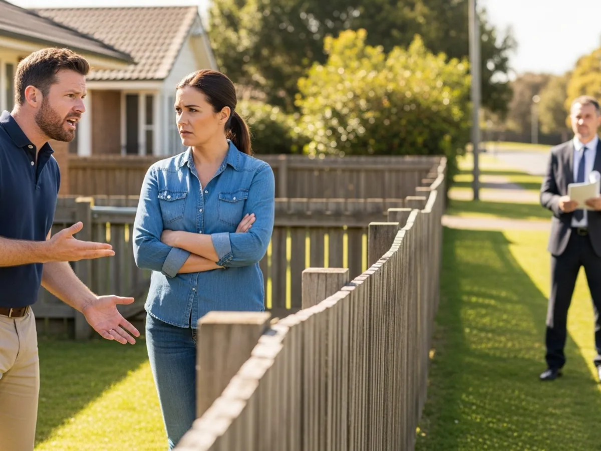 A couple in a heated property dispute, with a real estate lawyer standing by, possibly discussing property rights or land law issues.