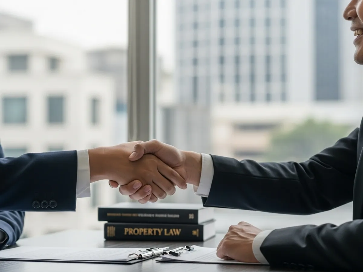 A handshake between two parties, symbolizing a successful real estate agreement with books on Property Law in the background, likely facilitated by a property lawyer.