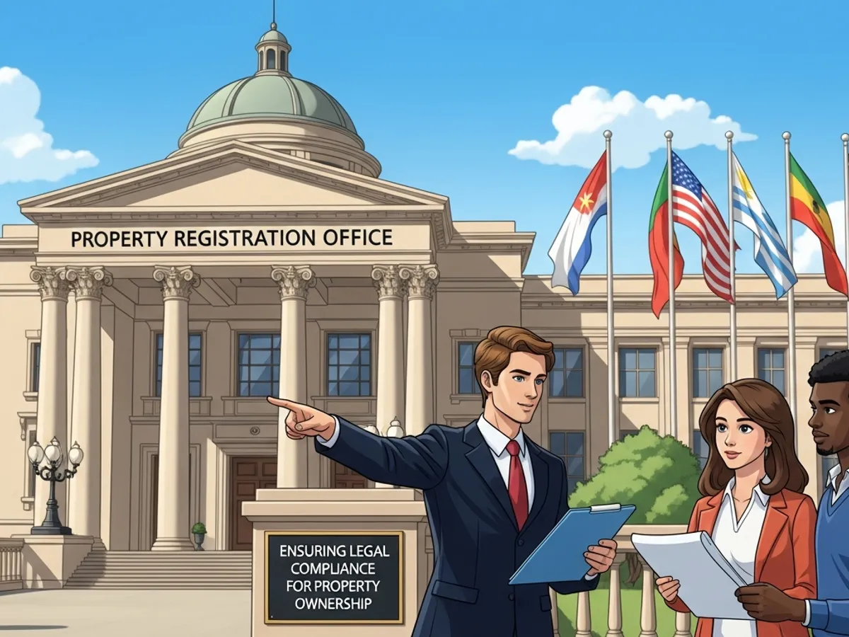 Illustration of people standing in front of a 'Property Registration Office', pointing towards ensuring legal compliance for property ownership, highlighting the importance of property registration.