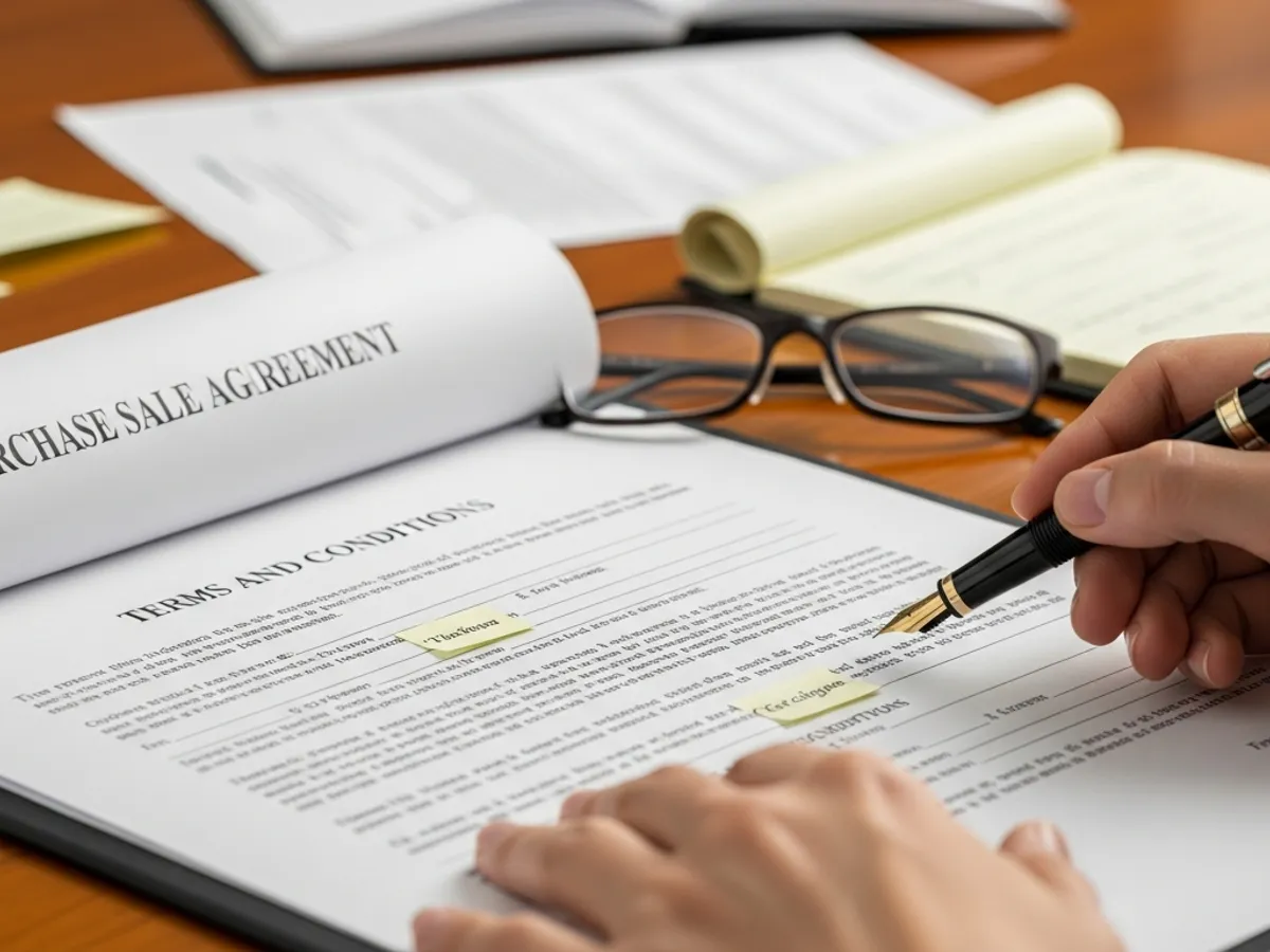 A hand signing a 'Purchase Sale Agreement', focusing on the terms and conditions, highlighting the importance of a property lawyer in property sale and real estate agreements.