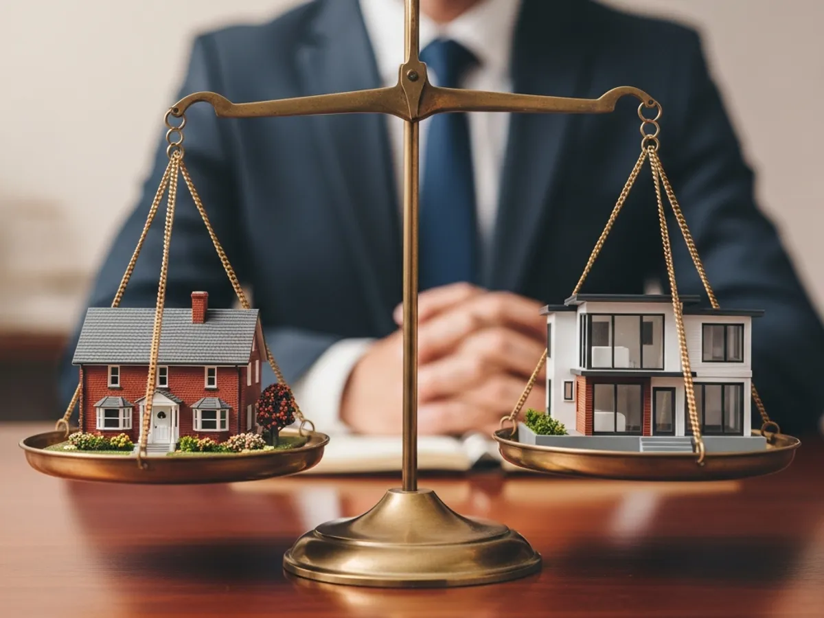 A scale balancing two miniature houses, symbolizing the legal considerations and fair valuation involved in property law, property rights, and potential property disputes.