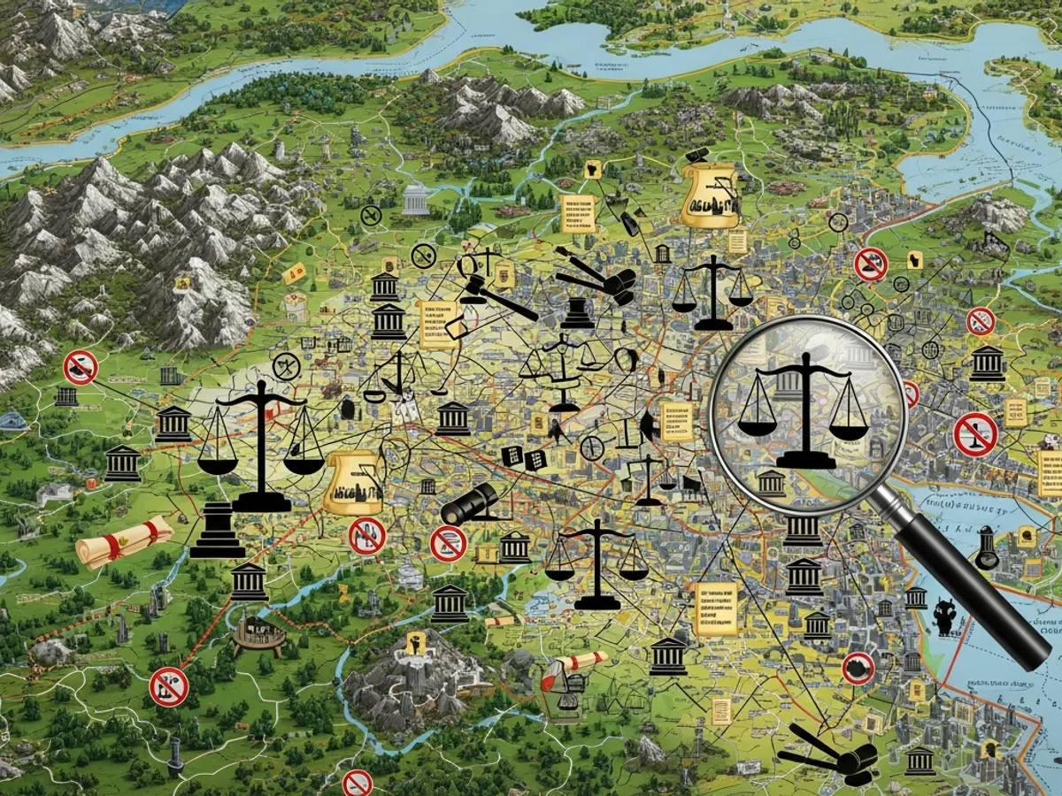 A map overlaid with legal icons, symbolizing the landscape of property law, property rights, and real estate litigation, viewed through a magnifying glass.