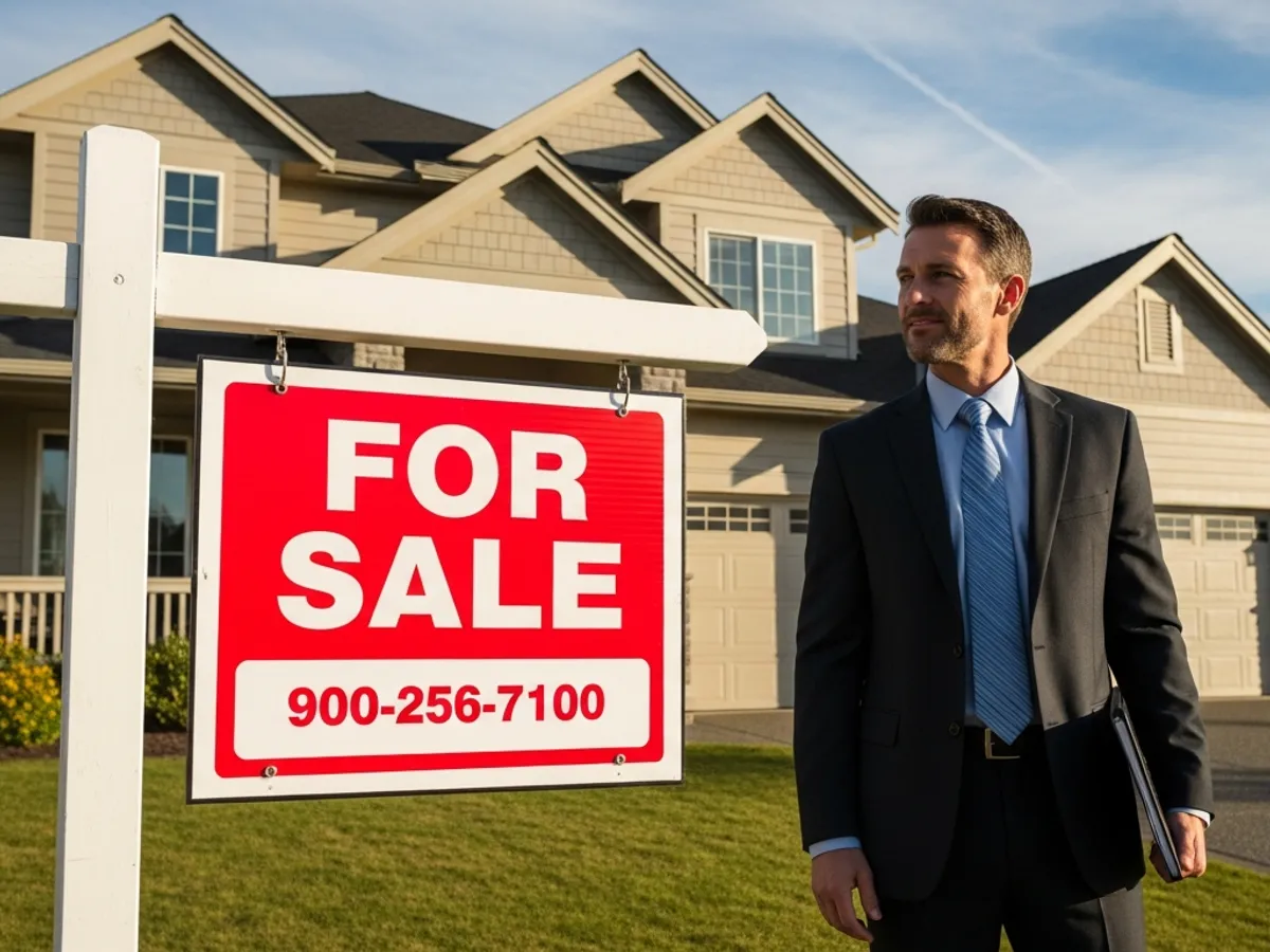 A real estate lawyer standing next to a 'For Sale' sign in front of a house, representing property sale and the services offered by real estate law professionals.