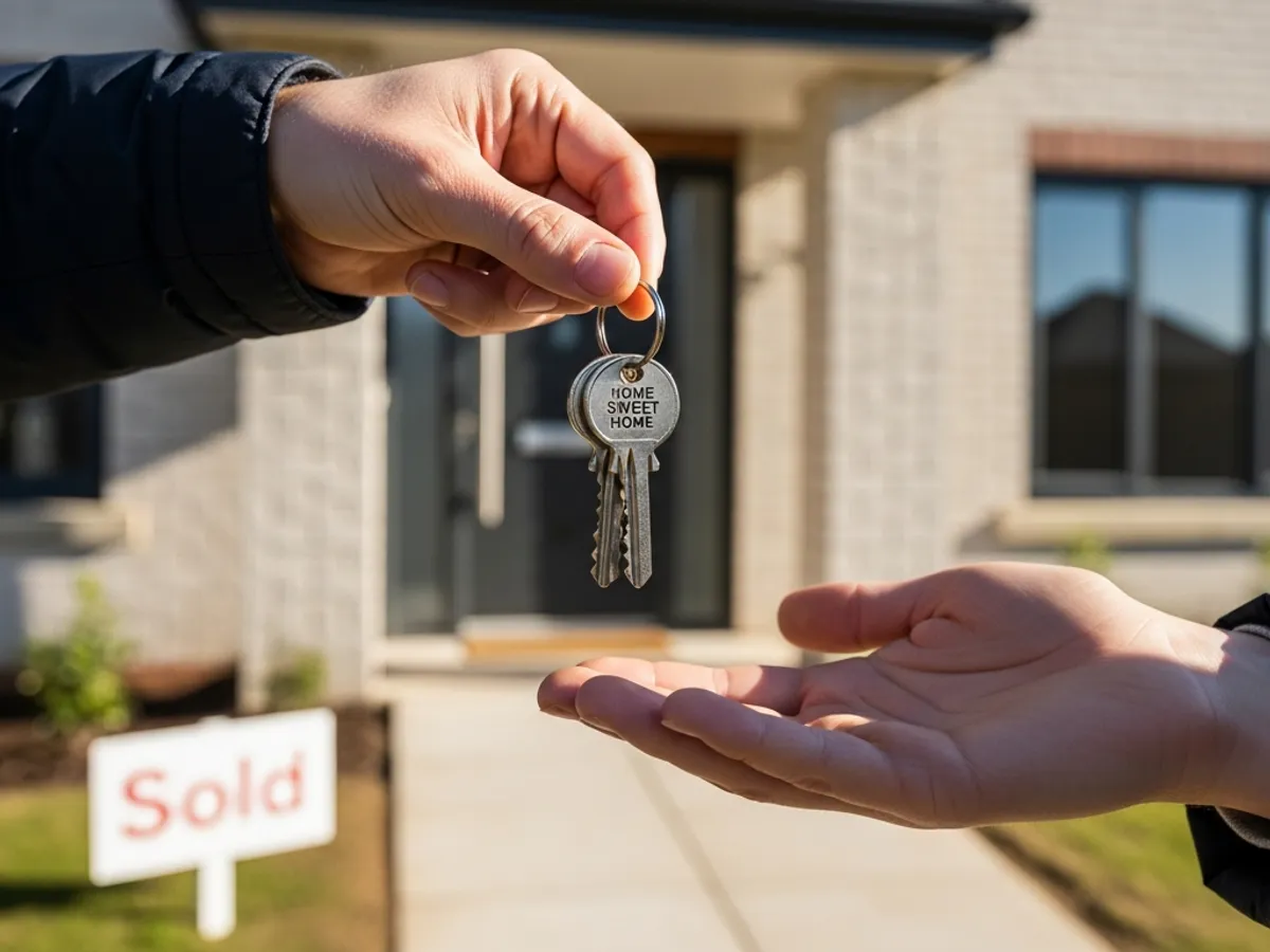 A hand handing over keys with 'Home Sweet Home' written on the keychain in front of 'sold' sign, representing a successful property purchase.