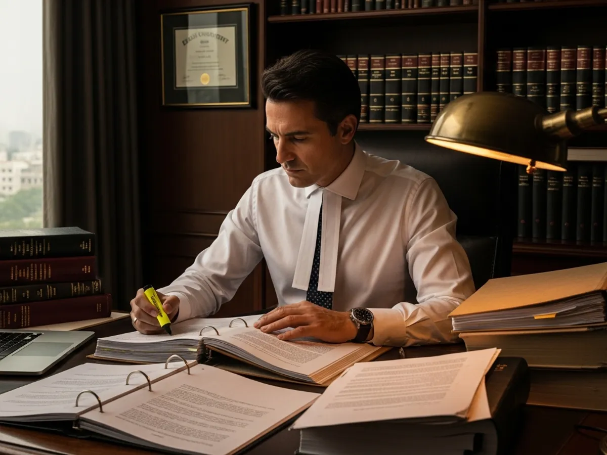 A focused advocate in Delhi Supreme Court reviews legal documents with a highlighter, surrounded by law books and a laptop, suggesting meticulous preparation.