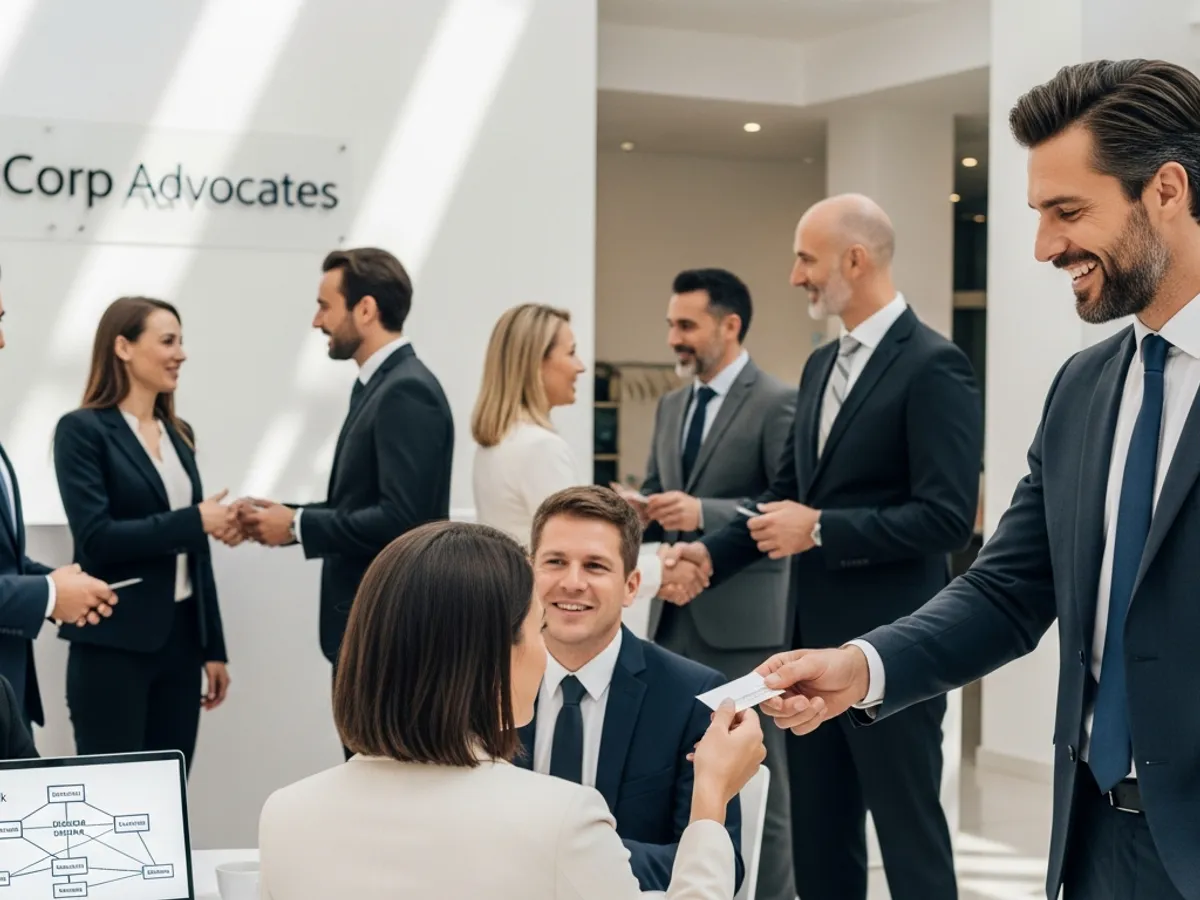 A group of legal professionals, including advocates, networking and exchanging business cards at Corp Advocates, possibly discussing cases related to Delhi Supreme Court.