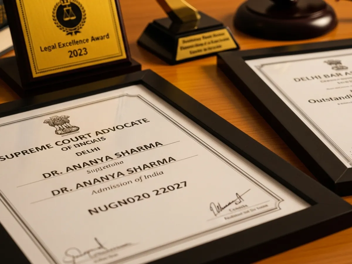 Close-up of a Supreme Court Advocate certificate for Dr. Ananya Sharma, highlighting credentials and achievements in Delhi legal circles.