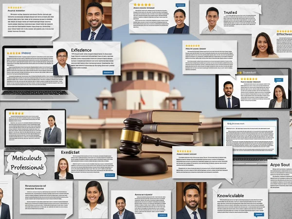 Collage of testimonials and reviews highlighting the expertise of best lawyers in Delhi Supreme Court, featuring portraits and feedback on their services.