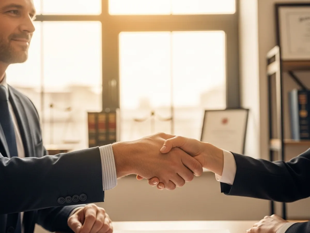 A professional handshake symbolizing agreement and trust between a client and a supreme court advocate in Delhi, emphasizing collaboration in legal representation.