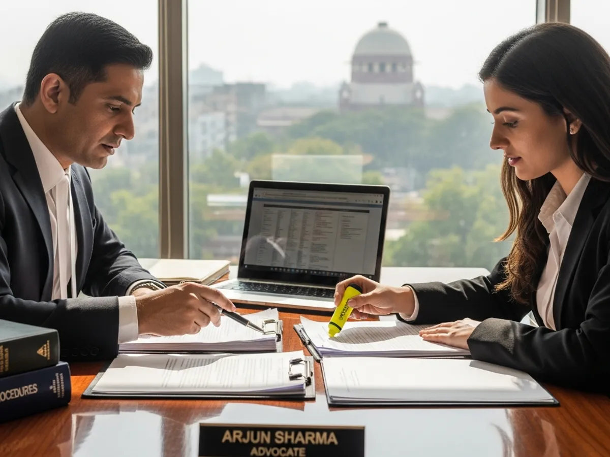 Two Delhi Supreme Court advocates, Arjun Sharma among them, diligently working on legal documents with the Supreme Court building visible in the background, showcasing their expertise in handling cases.