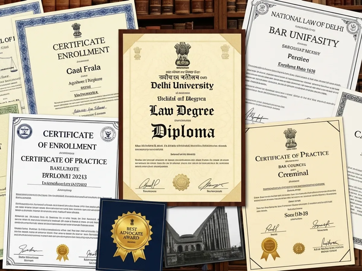 Display of Law Degrees and best advocate award, representing the credentials and recognition of supreme court advocates in Delhi.