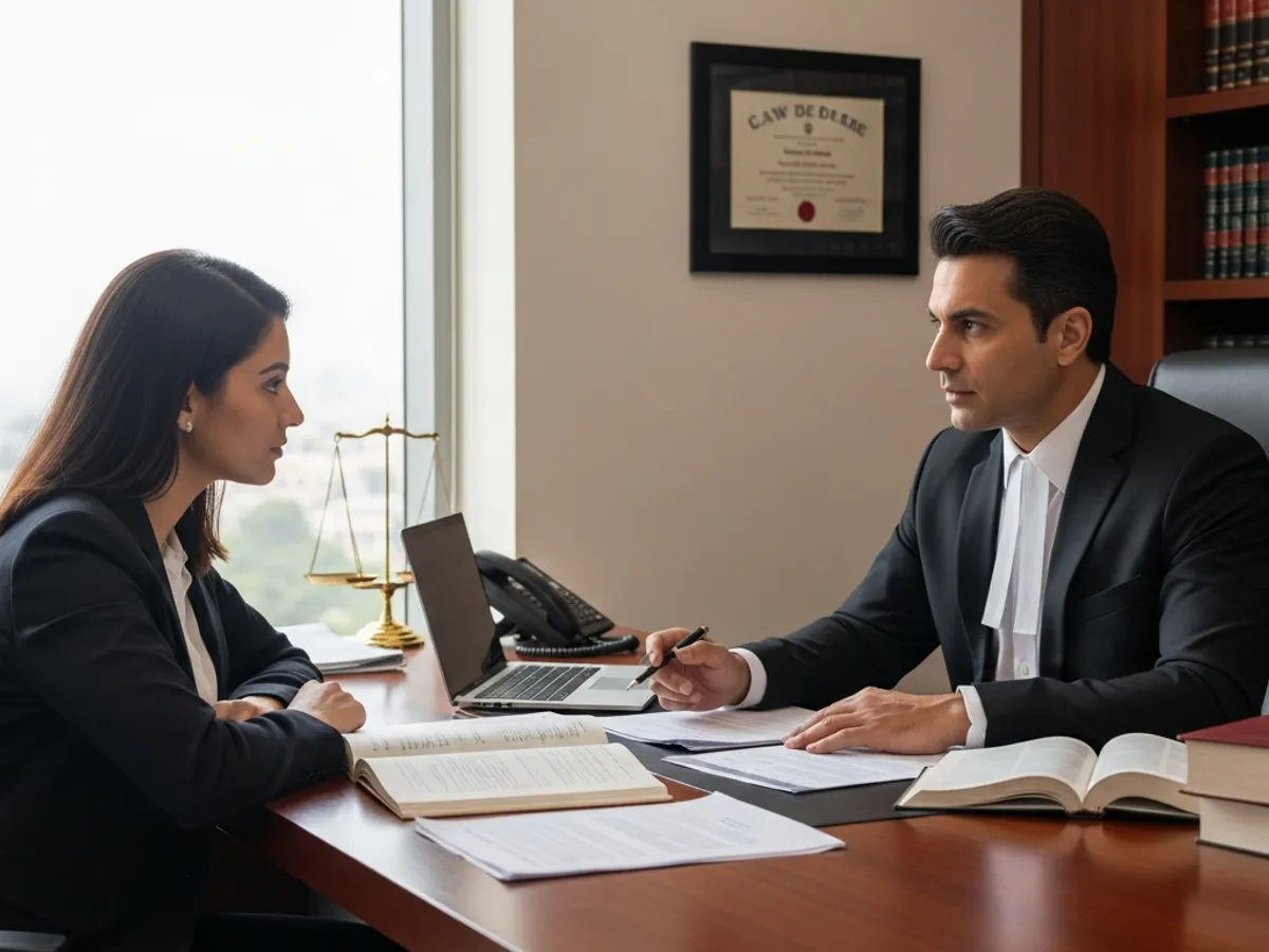 An advocate in Delhi discussing a case with a client, potentially offering legal advice as a high court lawyer in Delhi.