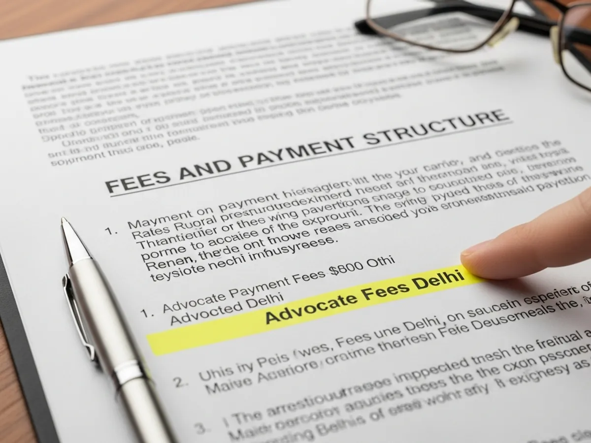 Highlighted legal document showing 'Advocate Fees Delhi', indicating the cost associated with hiring a supreme court advocate in Delhi.