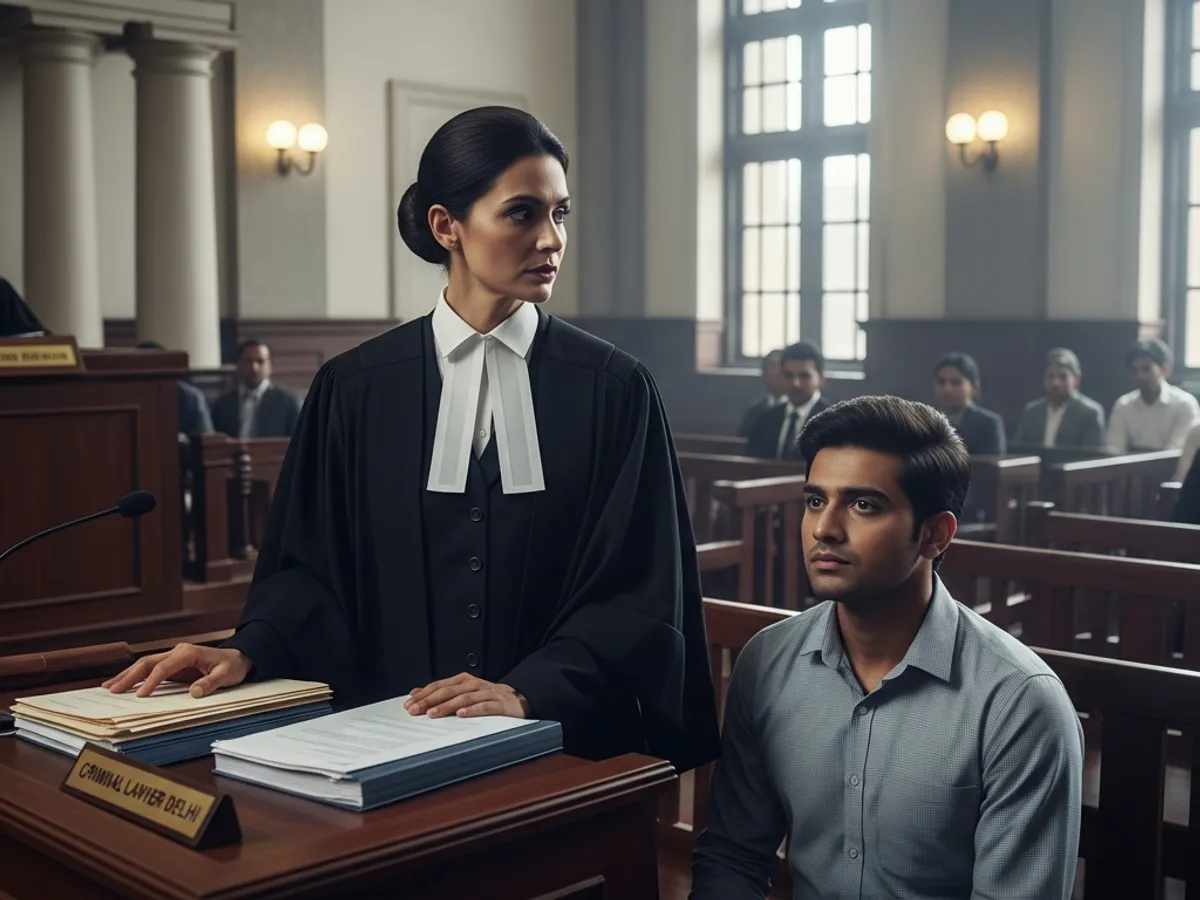 A criminal lawyer in Delhi Supreme Court standing with her client in a courtroom setting, ready to defend the case.