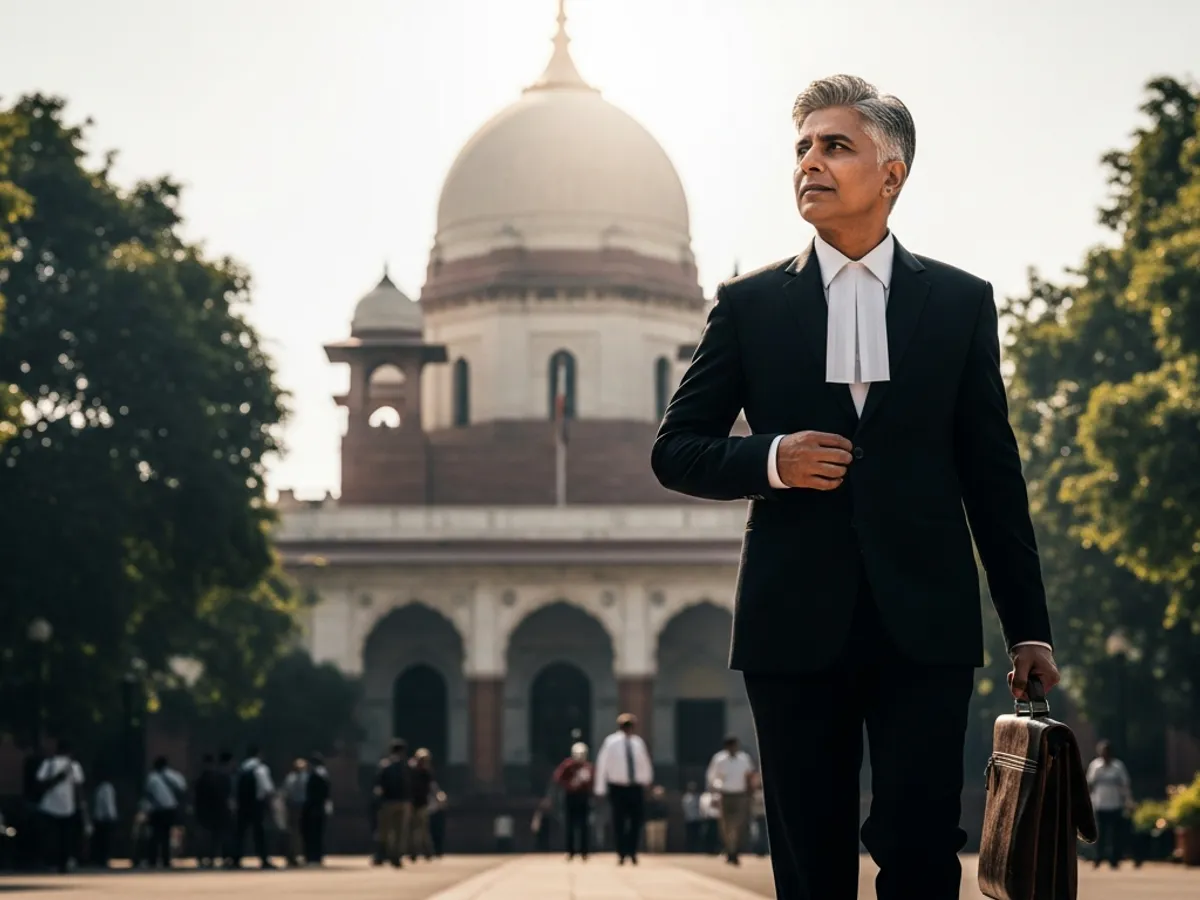 A determined supreme court advocate in Delhi walking towards the Supreme Court, ready to fight for justice.